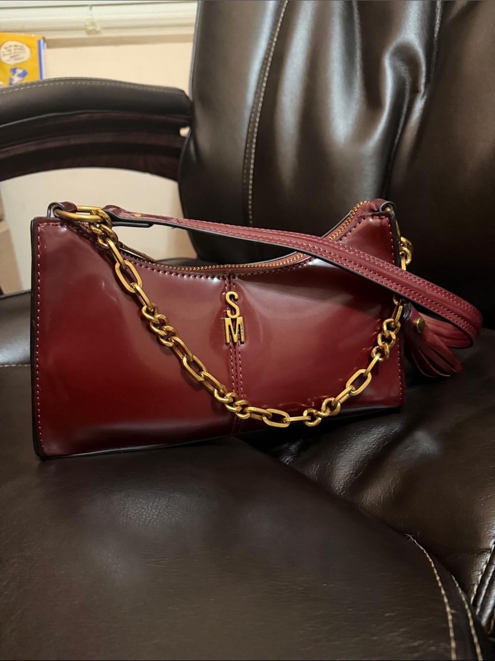 Steve Madden Maroon Patent Mini Bag with Gold Chain
